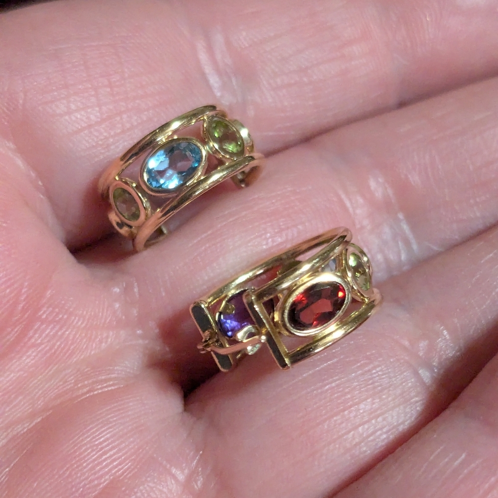 Sold ♥️14k Yellow Gold Amethyst Peridot Blue Topaz Multi-Gemstone Hoop Earrings - Picture 10 of 16